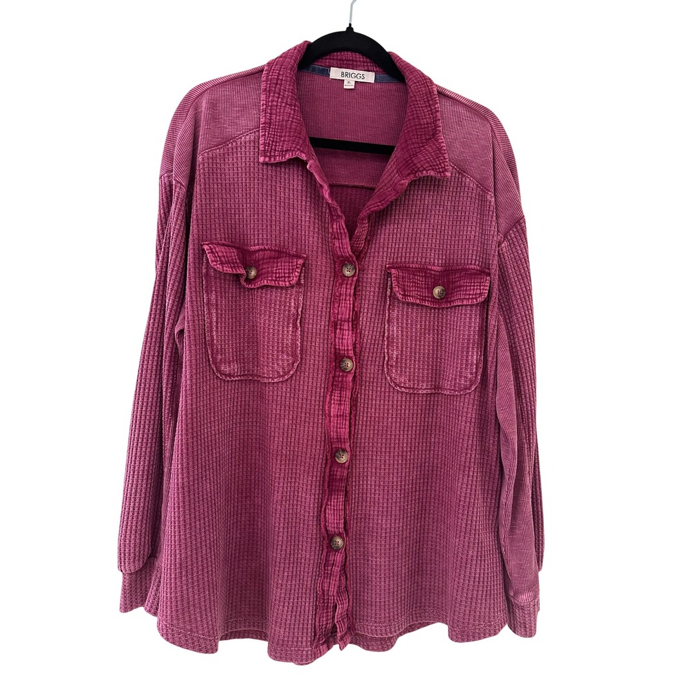 Briggs Women XL Berry Pink Waffle Knit Ribbed Mixed Media Button Down Shirt Cozy
